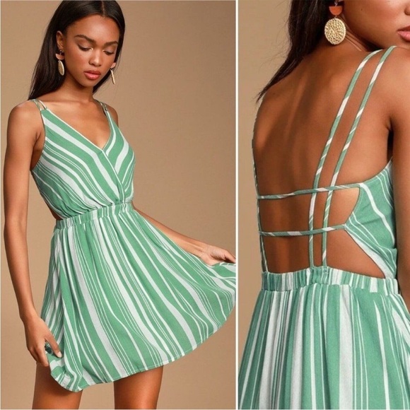 Lulu’s Oceanside Adventure Striped Backless Skater Dress Green - Picture 1 of 11